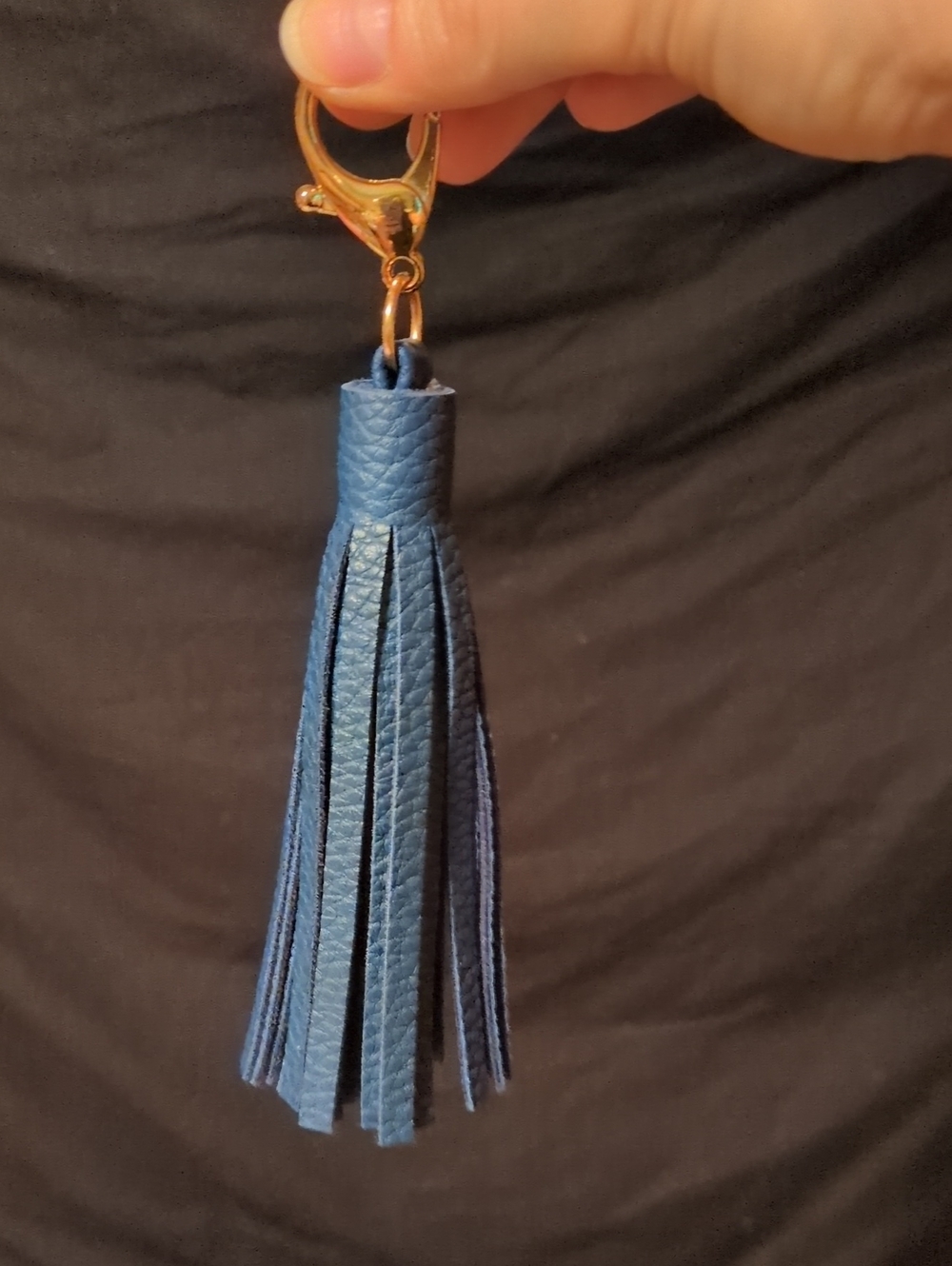 Blue Faux Leather Tassel Keychain with Gold Hardware